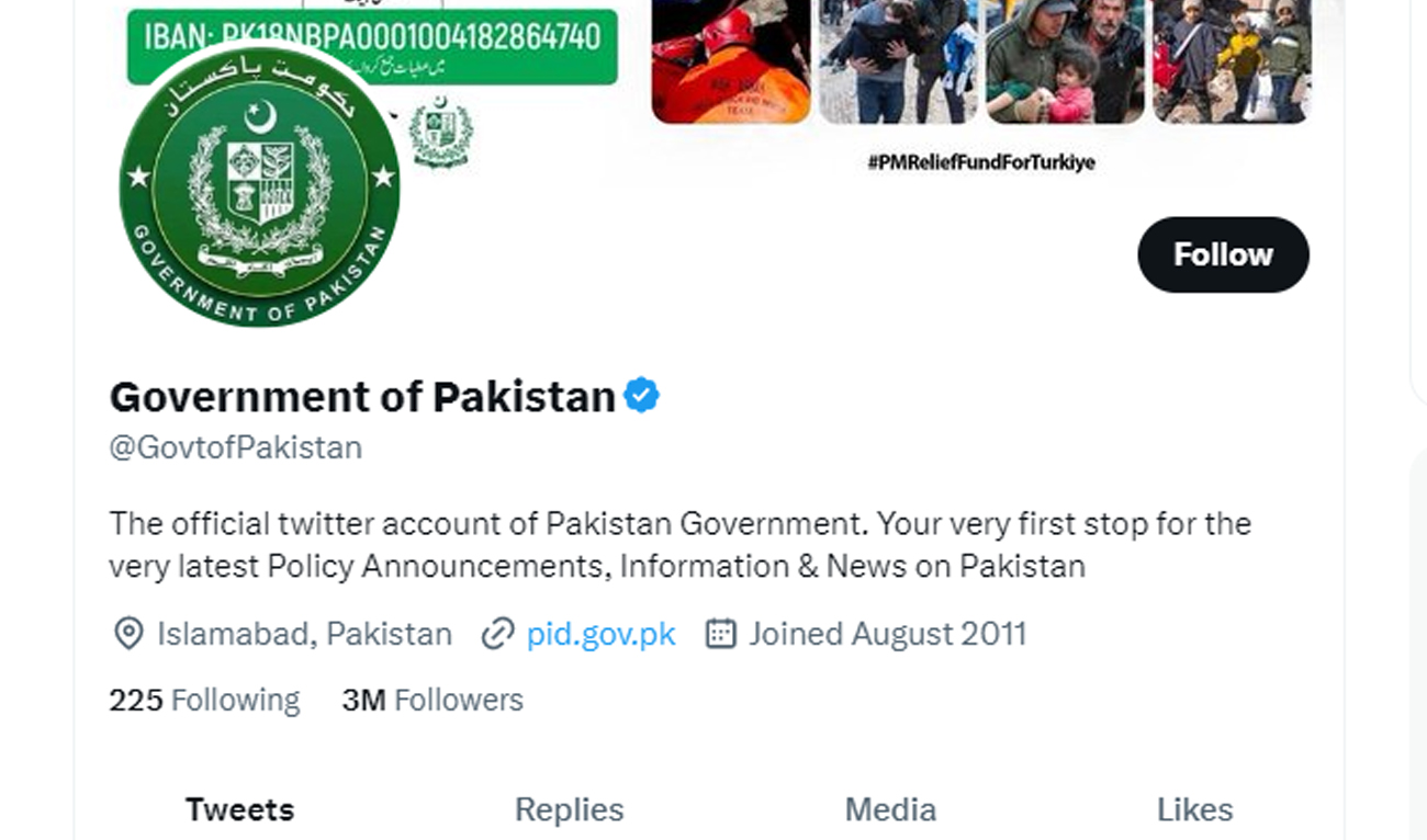 The still image taken on March 30, 2023 shows Government of Pakistan's Twitter account. (@GovtofPakistan/Twitter)