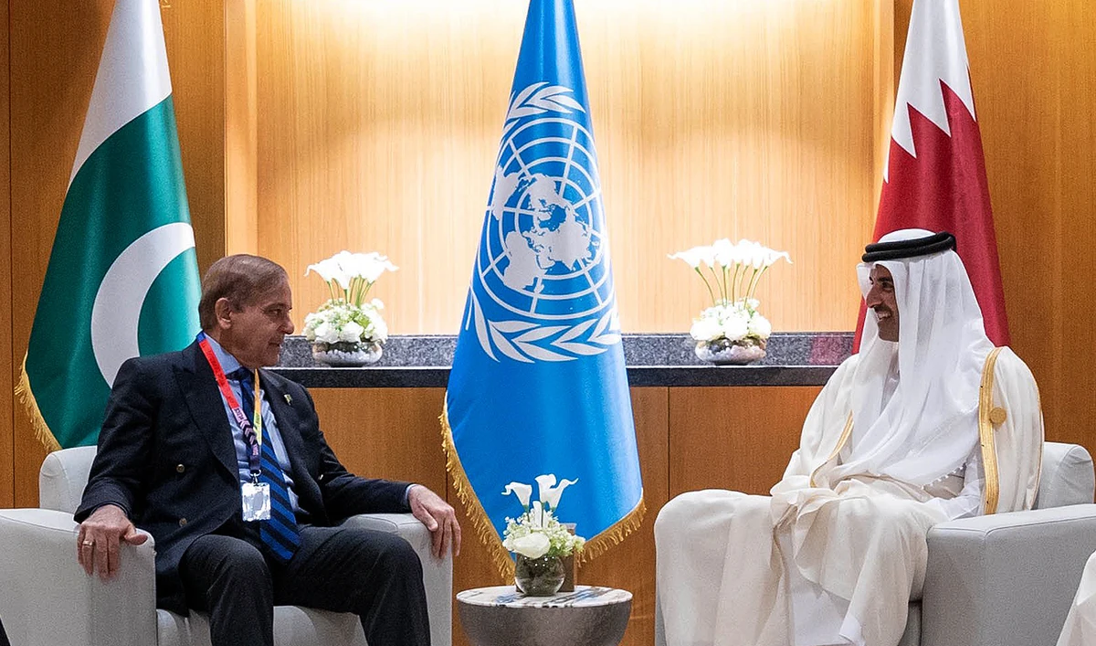 A handout picture released Qatar's Amiri Diwan shows Emir of Qatar Sheikh Tamim bin Hamad al-Thani (R) meeting with Pakistan Prime Minister Shahbaz Sharif on the sidelines of the Fifth United Nations Conference on the Least Developed Countries at the Qatar National Convention Center in Doha on March 5, 2023. (Photo courtesy: Twitter/AmiriDiwan)