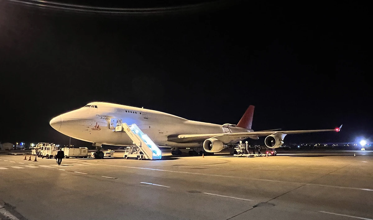 This handout picture shows Pakistan's special chartered flight, carrying winterized tents for quake survivors, arriving in Adana, Turkiye on March 12, 2023. (Photo courtesy: Twitter/PakinTurkiye)