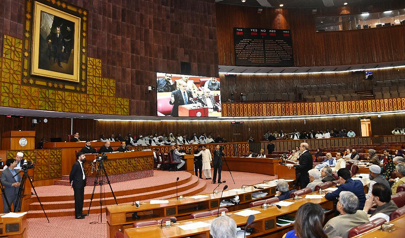 Pakistan Prime Minister Shehbaz Sharif speaks on the floor of the National Assembly in Islamabad on March 28, 2023. (Photo courtesy: Twitter/NAofPakistan)