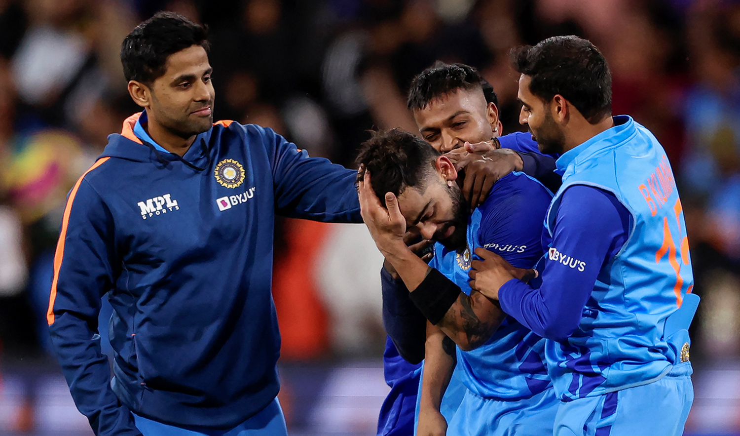 India's Virat Kohli (2nd R) celebrates with teammates after their win during the ICC men's Twenty20 World Cup 2022 cricket match between India and Pakistan at Melbourne Cricket Ground (MCG) in Melbourne on October 23, 2022. (AFP/File)