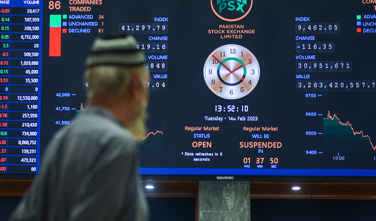 A broker looks at an index board showing the latests share prices at the Pakistan Stock Exchange in Karachi on February 14, 2023. (AFP/File)