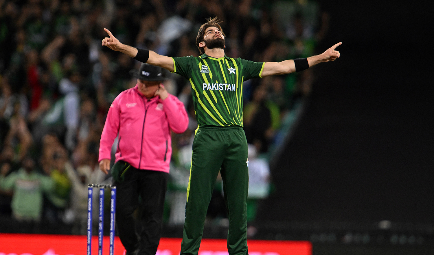 Pakistan's Shaheen Shah Afridi celebrates after taking the wicket of New Zealand's Captain Kane Williamson during the ICC men's Twenty20 World Cup 2022 semi-final cricket match at the Sydney Cricket Ground in Sydney on November 9, 2022. (AFP/File)