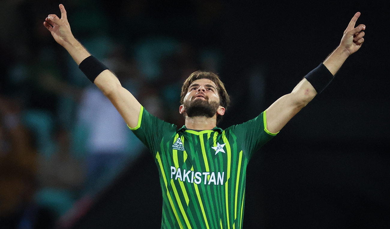 Pakistan’s Shaheen Shah Afridi reacts after dismissing South Africa’s Heinrich Klaasen during the 2022 ICC Twenty20 World Cup cricket tournament match between Pakistan and South Africa at the Sydney Cricket Ground (SCG) on November 3, 2022. (AFP/File)