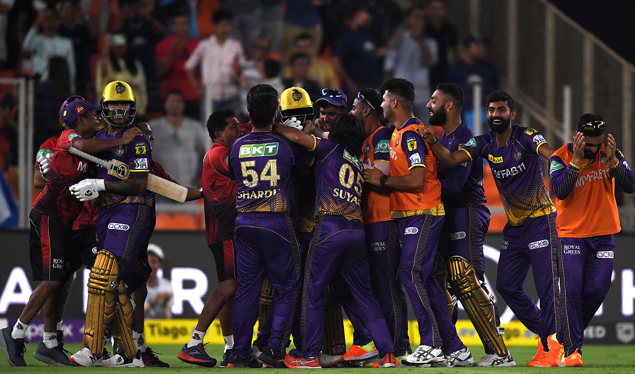 Kolkata Knight Riders' players celebrate their win at the end of the Indian Premier League (IPL) Twenty20 cricket match between Gujarat Titans and Kolkata Knight Riders at the Narendra Modi Stadium in Ahmedabad on April 9, 2023. (Photo courtesy: AFP)