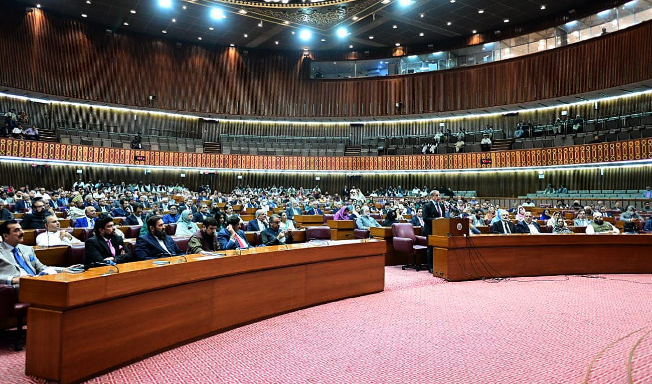 In this handout picture, released by Government of Pakistan, Prime Minister Shehbaz Sharif addresses a parliament session at the National Assembly in Islamabad on April 10, 2023. (Photo courtesy: Twitter/Government of Pakistan)