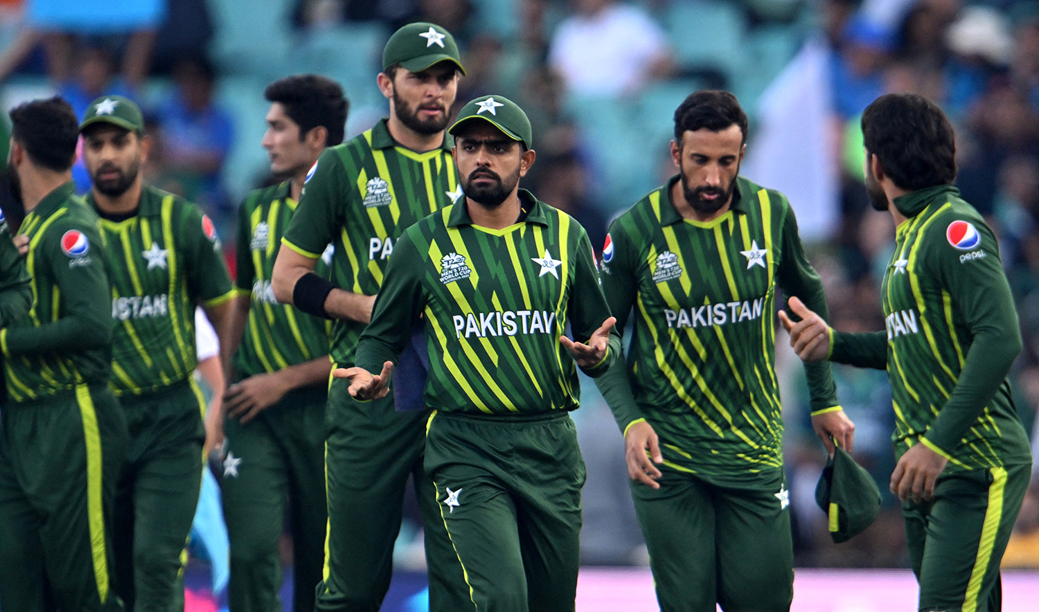 Pakistan's aptain Babar Azam (C) leads his players onto the field ahead of the ICC men's Twenty20 World Cup 2022 semi-final cricket match between New Zealand and Pakistan at the Sydney Cricket Ground in Sydney on November 9, 2022. (AFP/File)