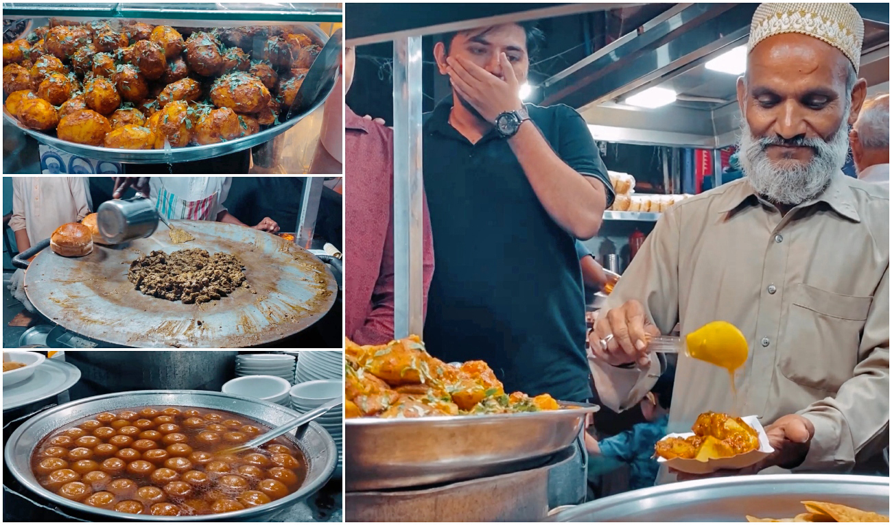 The collage created on April 11, 2023, shows dishes of Bohra cuisine at a food street in Karachi's Paper Market. (AN photos)