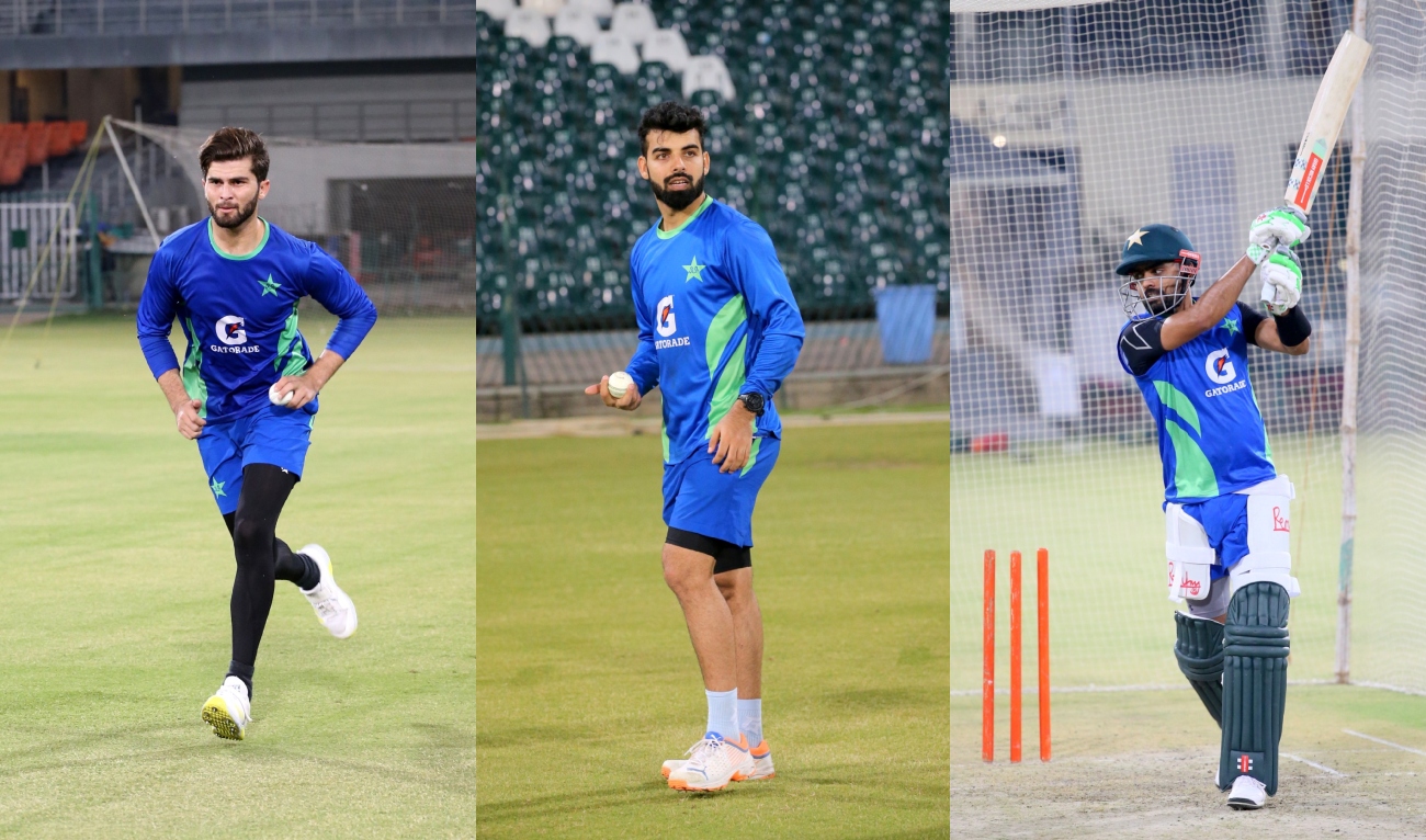 Pakistan's cricket team players participate in a practice session ahead of their tournament with New Zealand in Lahore, Pakistan, on April 9, 2023. (PCB/Twitter)