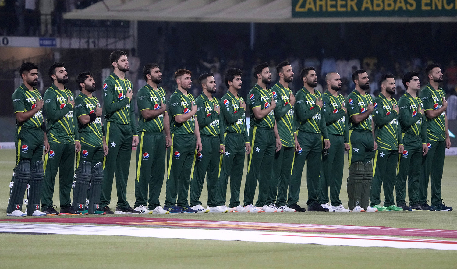 Pakistan's players stand for national anthem prior to start of the first twenty20 cricket match between Pakistan and New Zealand, in Lahore, Pakistan, on April 14, 2023. (AP)