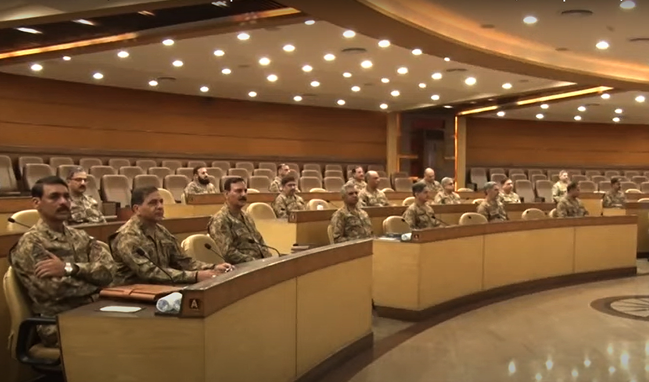 This handout picture, released by the Inter Services Public Relations Pakistan, shows army officials during the 257th Corps Commanders’ Conference at the General Headquarters in Rawalpindi on April 14, 2023. (Photo courtesy: ISPR)