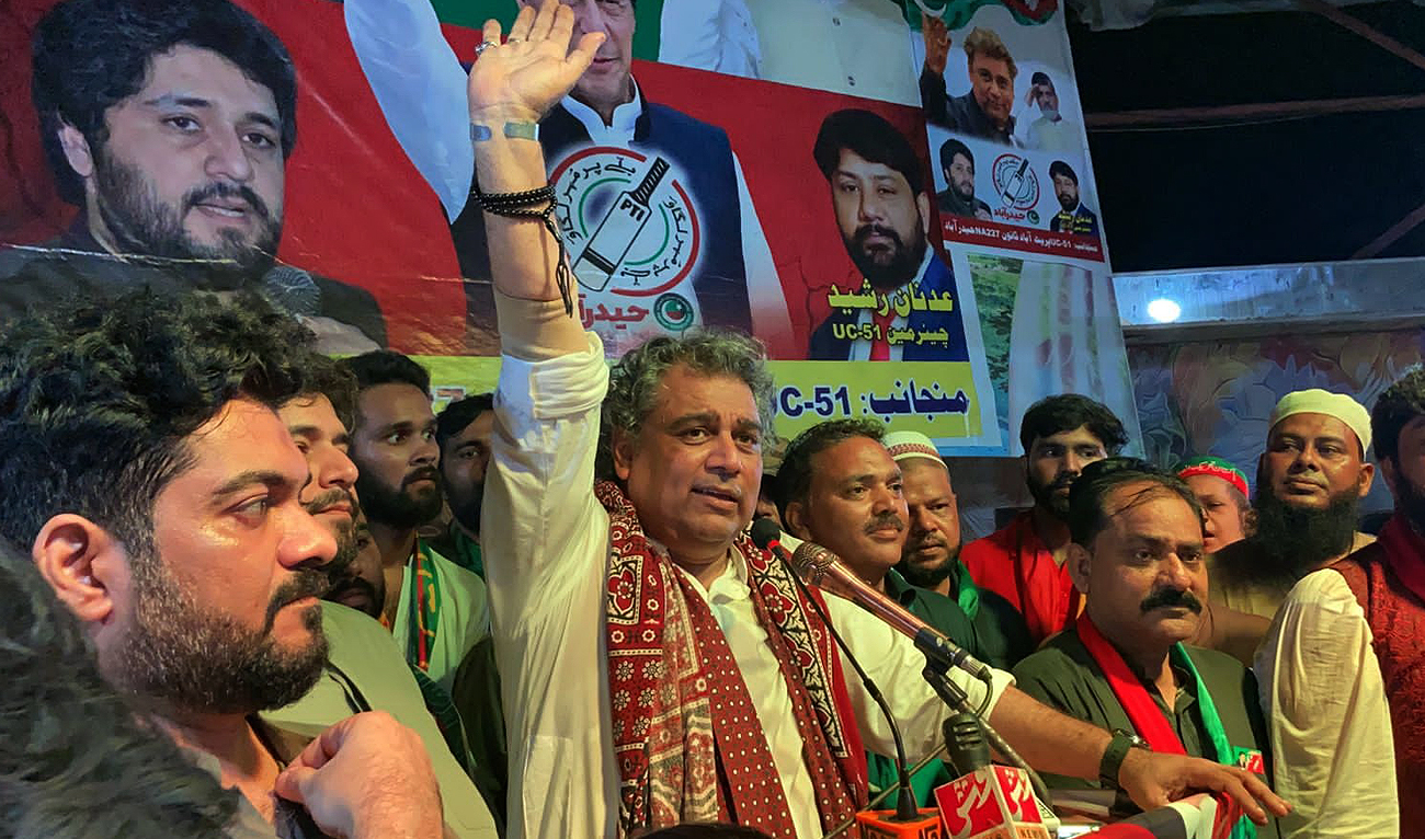 In this file picture, posted on July 21, 2022, former prime minister Imran Khan's Pakistan Tehreek-e-Insaaf party leader Ali Zaidi gestures during a rally in Karachi. (Photo courtesy: Facebook/AliHZaidiPTI)