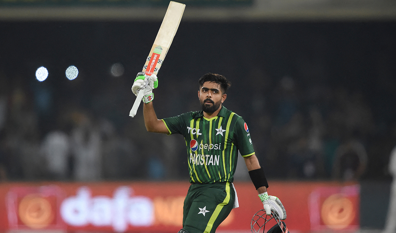 Pakistan's captain Babar Azam celebrates his century (100 runs) during the second Twenty20 cricket match between Pakistan and New Zealand at the Gaddafi Cricket Stadium in Lahore, on April 15, 2023. (Photo courtesy: AFP)