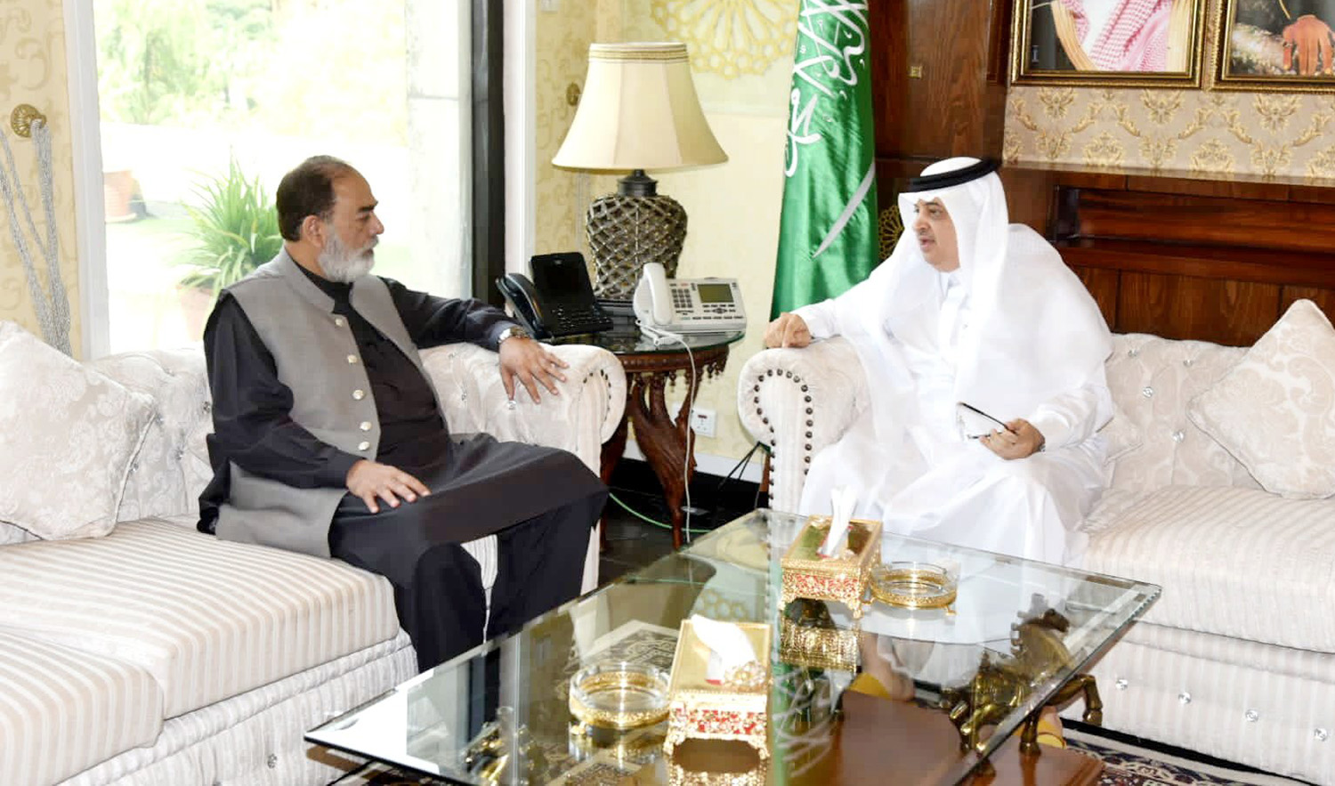 Pakistan's new minister for religious affairs, bMuhammad Talha Mahmood, meets Saudi Arabia's Ambassador Nawaf bin Said Al-Malki in Islamabad on April 18, 2023. (Photo courtesy: @senatorMtalha/Twitter)
