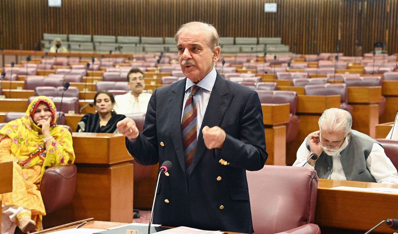Prime Minister Shehbaz Sharif addresses parliamentarians on the floor of the National Assembly of Pakistan in Islamabad on April 17, 2023. (Photo courtesy: Twitter/NAofPakistan)