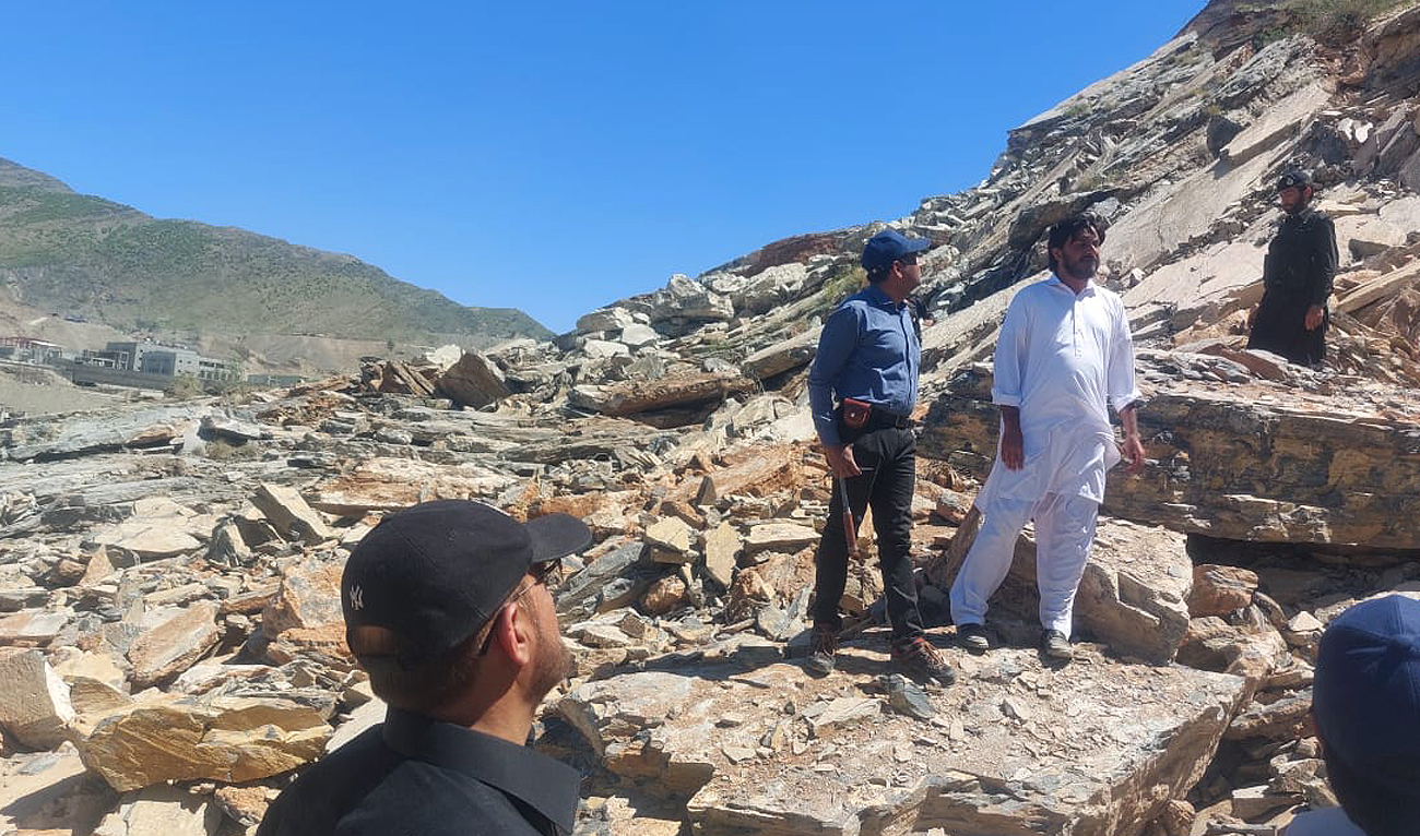 Pakistani geologists inspect damages at an area prone to landslides near the Torkham border in Khyber Pakhtunkhwa province on April 23, 2023. (Photo courtesy: Provincial Disaster Management Authority)