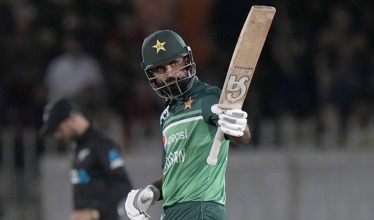 Pakistan's Fakhar Zaman celebrates after his fifty during the first one-day international cricket match between Pakistan and New Zealand, in Rawalpindi, Pakistan, on April 27, 2023. (AP)