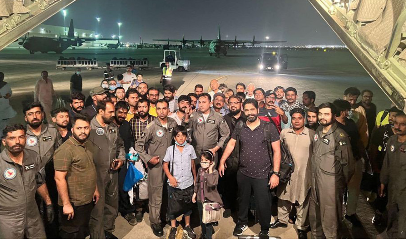 The photo taken on April 29, 2023, shows the third batch of Pakistani citizens evacuated from Sudan, after arriving in Karachi, Pakistan. (Photo courtesy: Pakistan Air Force/Facebook)