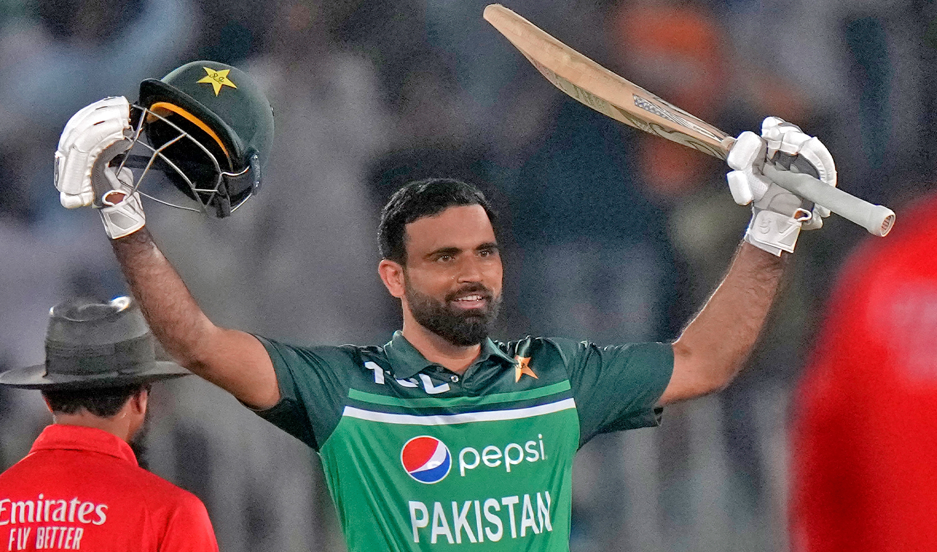 Pakistan's Fakhar Zaman celebrates after scoring century during the second one-day international cricket match between Pakistan and New Zealand, in Rawalpindi, Pakistan, on April 29, 2023. (AP)