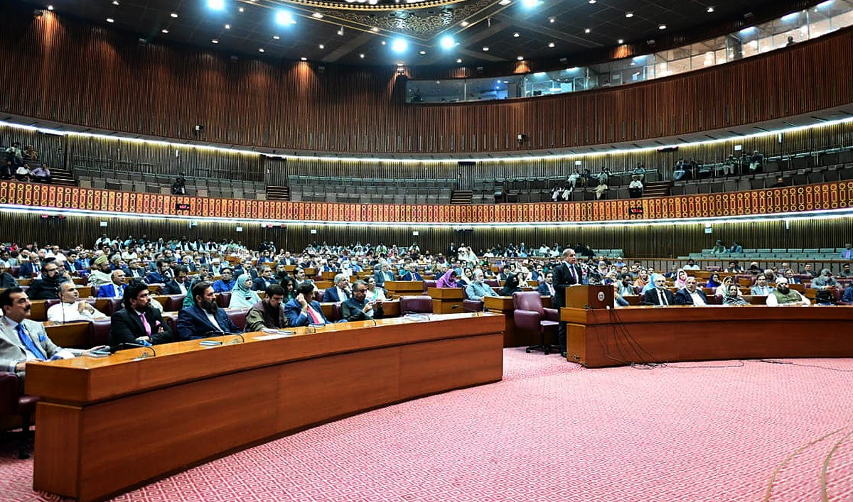 In this handout picture, released by Government of Pakistan, Prime Minister Shehbaz Sharif addresses a parliament session at the National Assembly in Islamabad on April 10, 2023. (Photo courtesy: Twitter/Government of Pakistan)