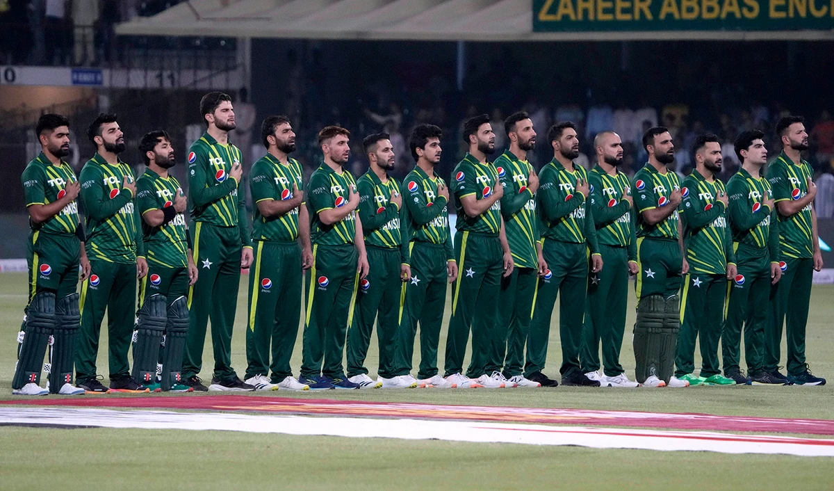 Pakistan's players stand for national anthem prior to start of the first twenty20 cricket match between Pakistan and New Zealand, in Lahore, Pakistan, on April 14, 2023. (AP)