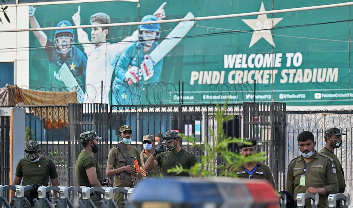 Policemen stand guard outside the Rawalpindi Cricket Stadium in Rawalpindi on September 17, 2021. (AFP/File)