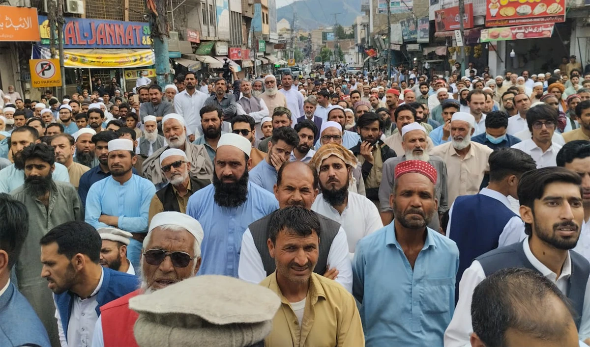People take part in a demonstration a day after twin blasts at a counter-terrorism facility that killed 17 people and injured 68 in Swat, Pakistan, on April 25, 2023. (Photo courtesy: Zia Nasir Yousafzai)