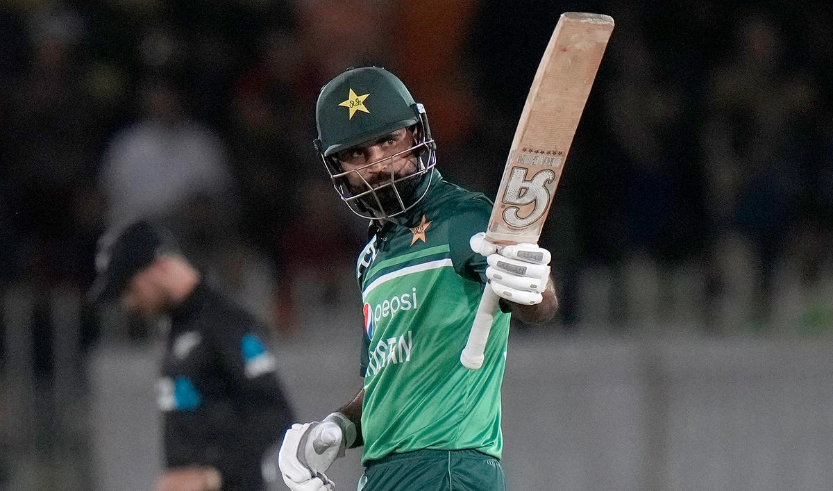 Pakistan's Fakhar Zaman celebrates after his fifty during the first one-day international cricket match between Pakistan and New Zealand, in Rawalpindi, Pakistan, on April 27, 2023. (AP)