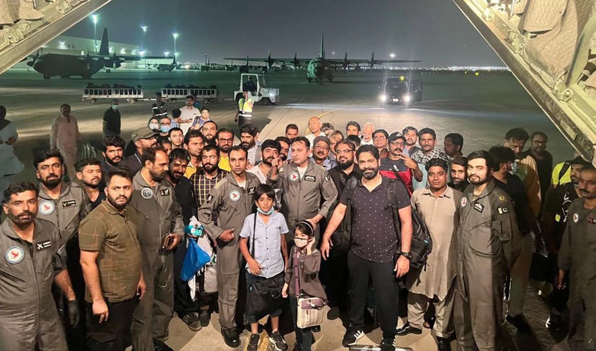 The photo taken on April 29, 2023, shows the third batch of Pakistani citizens evacuated from Sudan, after arriving in Karachi, Pakistan. (Photo courtesy: Pakistan Air Force/Facebook)
