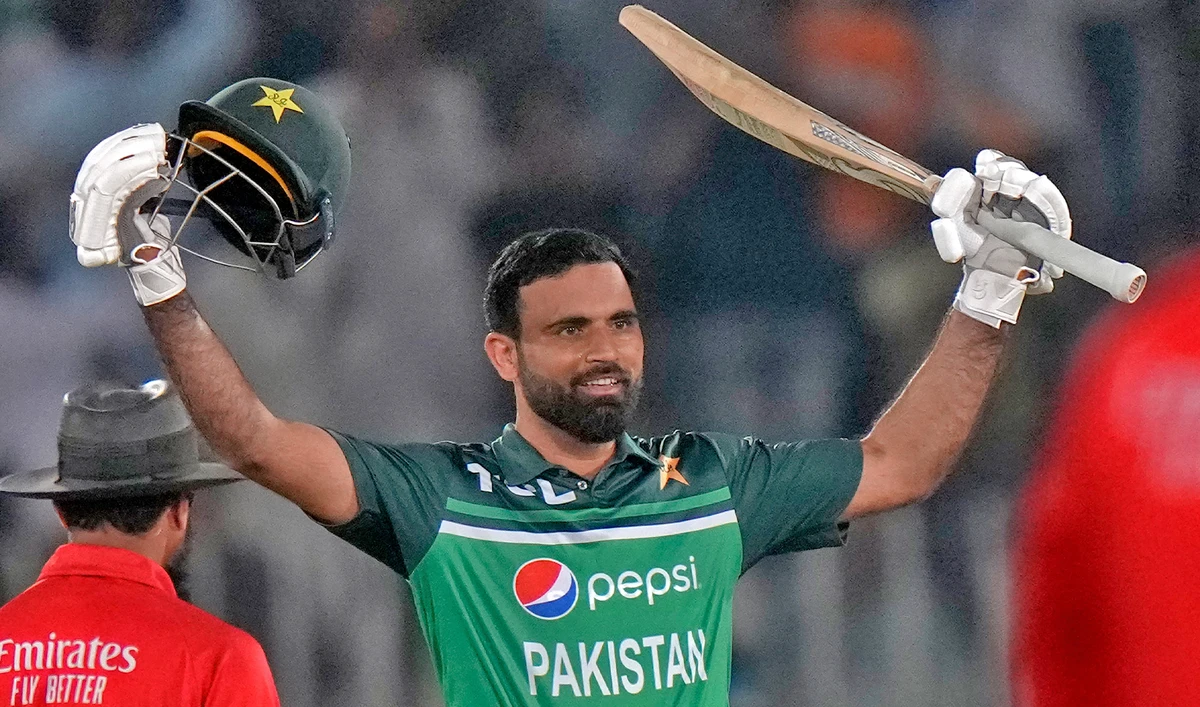 Pakistan's Fakhar Zaman celebrates after scoring century during the second one-day international cricket match between Pakistan and New Zealand, in Rawalpindi, Pakistan, on April 29, 2023. (AP)