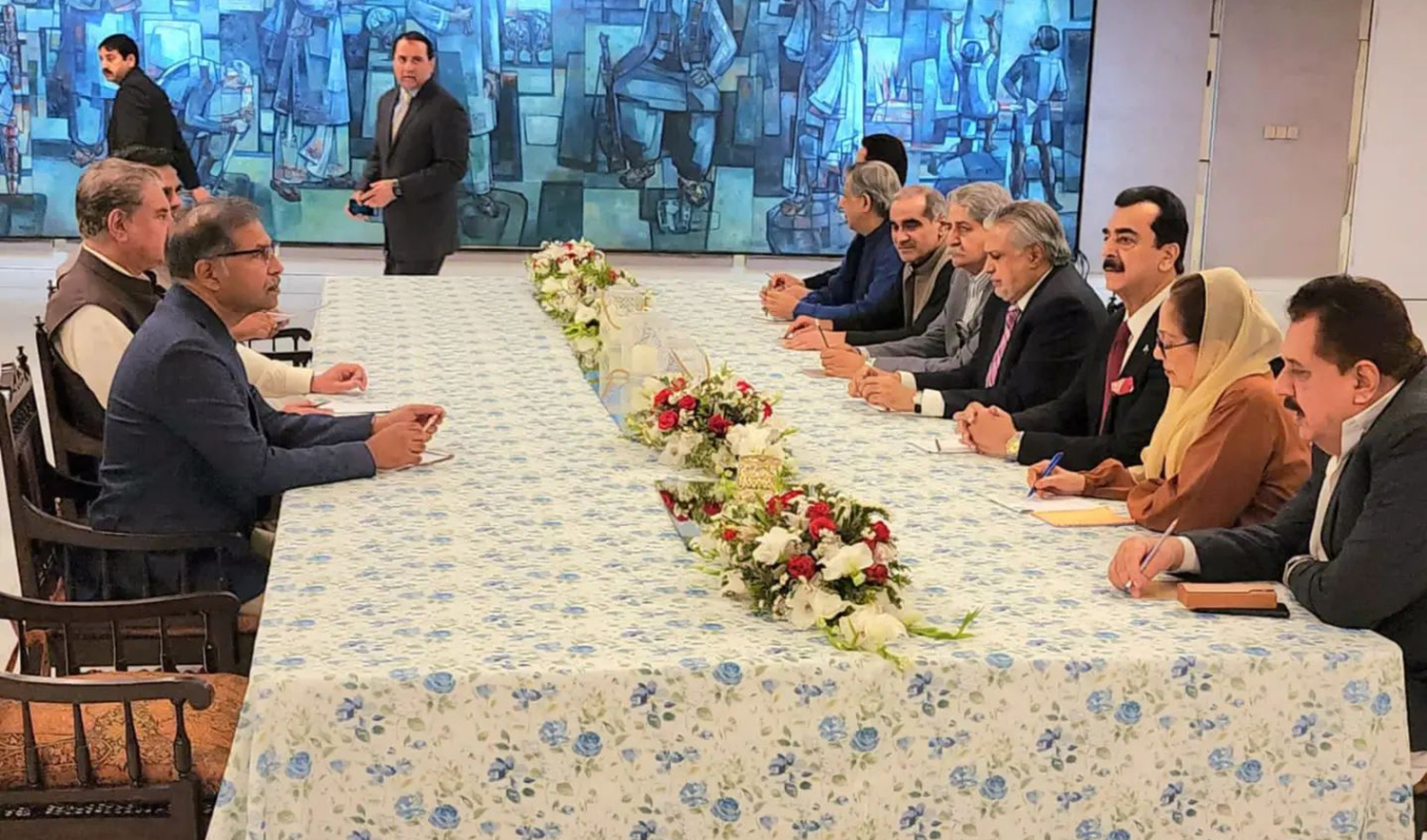 Representatives of Pakistan Democratic Movement (PDM) and ex-PM Imran Khan's PTI party hold talks to reach consensus on elections, in Islamabad on May 2, 2023. (Photo courtesy: @smqureshi.pti/Instagram)