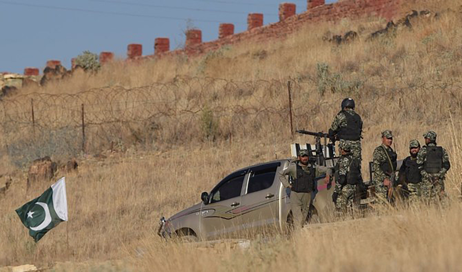 Pakistani army soldiers gather near a vehicle at a border terminal in Ghulam Khan, a town in North Waziristan, on the border between Pakistan and Afghanistan, on Jan. 27, 2019. (AFP/File)