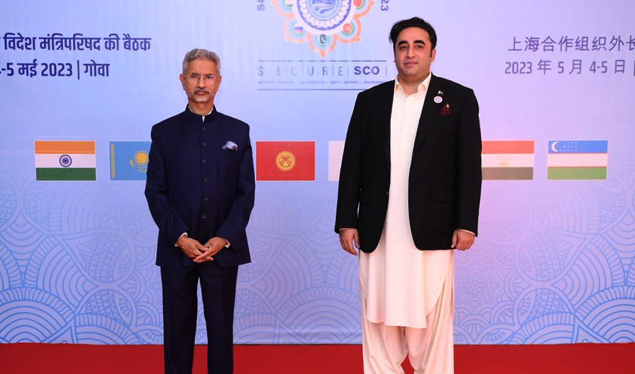 In this handout picture, taken and released by the Ministry of Foreign Affairs of Pakistan, Foreign Minister Bilawal Bhutto-Zardari (right) gestures with his Indian counterpart Subrahmanyam Jaishankar (left) ahead of Shanghai Cooperation Organization Council of Foreign Ministers meeting in Goa on May 5, 2023. (Photo courtesy: MOFA)