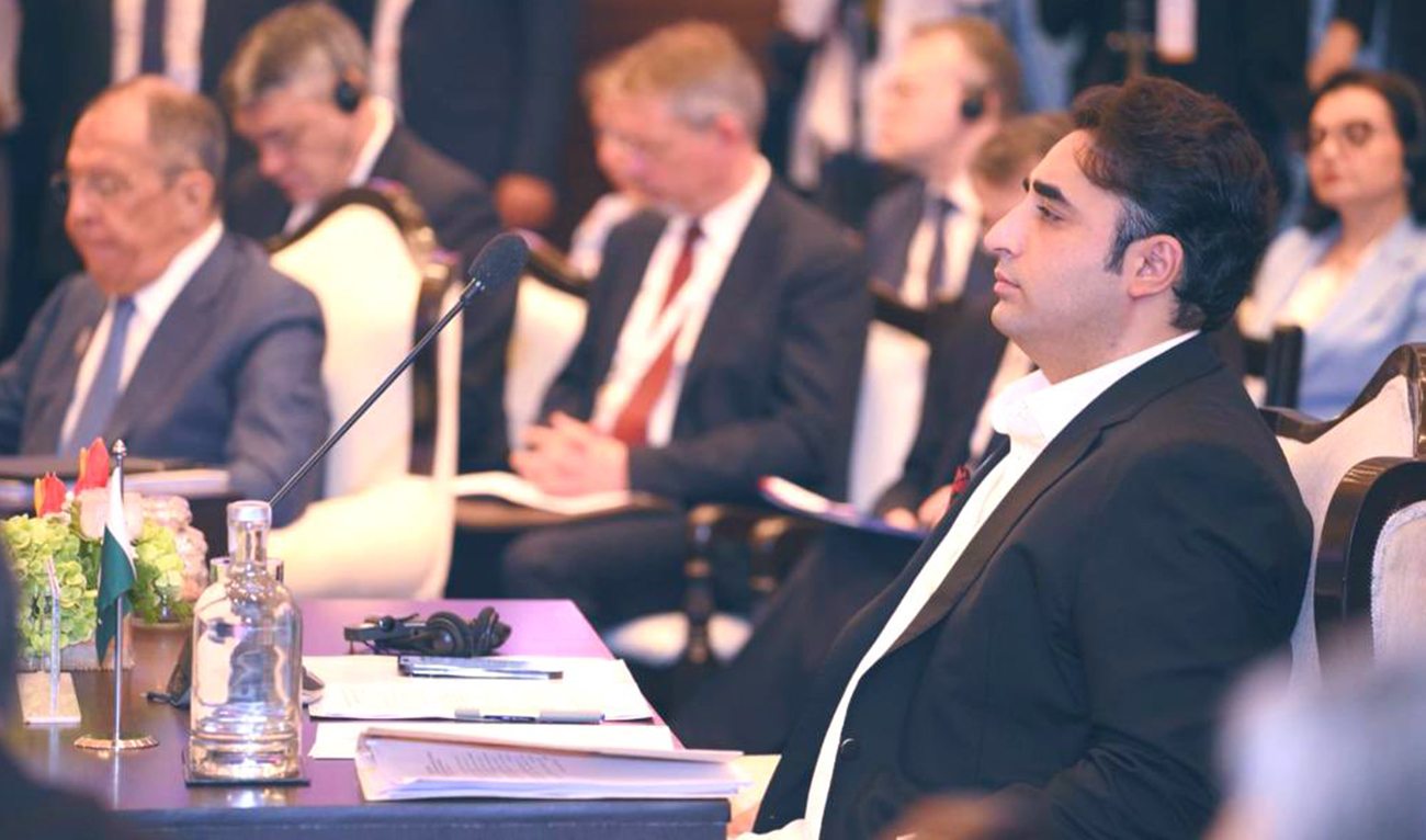 Pakistan’s foreign minister Bilawal Bhutto-Zardari’s seated during the Shanghai Cooperation Organization (SCO) meeting in Goa, India on May 5. 2023. (Photo courtesy: @BBhuttoZardari/Twitter)