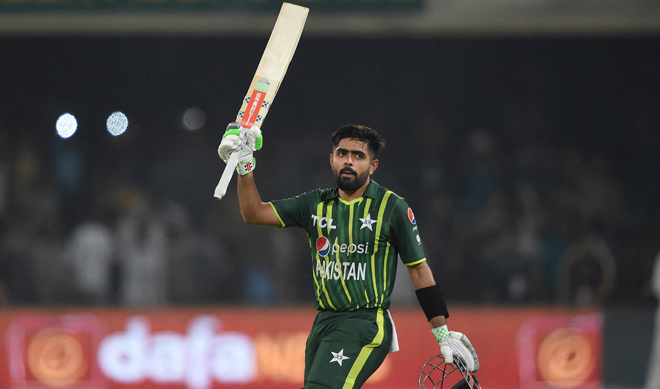 Pakistan's captain Babar Azam celebrates his century (100 runs) during the second Twenty20 cricket match between Pakistan and New Zealand at the Gaddafi Cricket Stadium in Lahore, on April 15, 2023. (AFP/File)