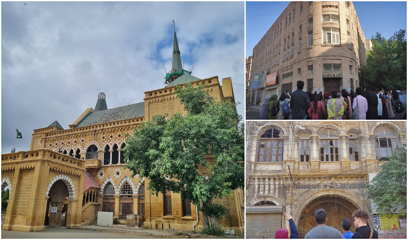 The collage of images created on May 8, 2023, shows Frere Hall and Library (first right), Sarnagati Building (top right) and Karachi Mercantile Cooperative Bank Building (bottom left) in Karachi, Pakistan. (Heritage Walk Karachi/Facebook)
