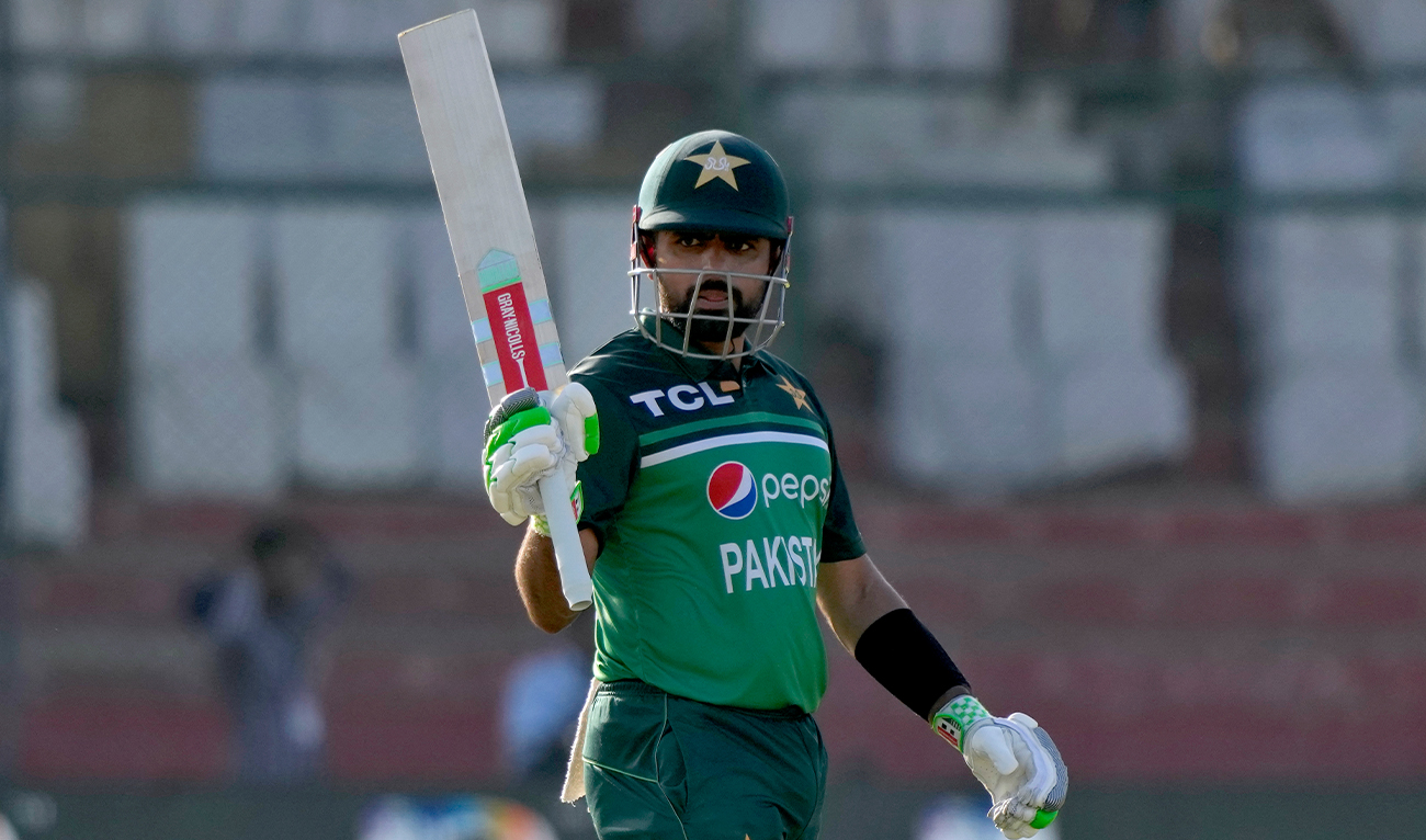 Pakistan's Babar Azam celebrates after scoring fifty during the fourth one-day international cricket match between Pakistan and New Zealand, in Karachi, Pakistan, on May 5, 2023. (AP)