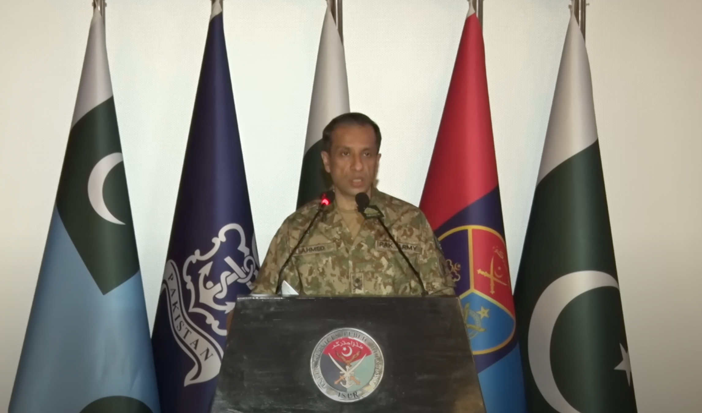 Director-General of Pakistan military's media wing, Ahmed Sharif Chaudhry, during a press conference is Rawalpindi on April 25, 2023. (Photo courtesy: ISPR/File)
