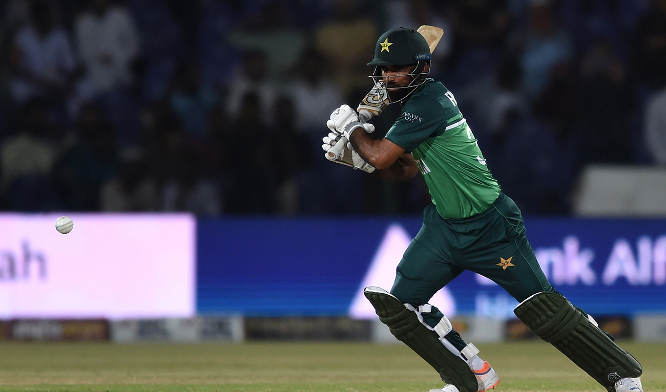 Pakistan's Fakhar Zaman plays a shot during the fifth and final one-day international (ODI) cricket match between Pakistan and New Zealand at the National Stadium in Karachi on May 7, 2023. (AFP/File)
