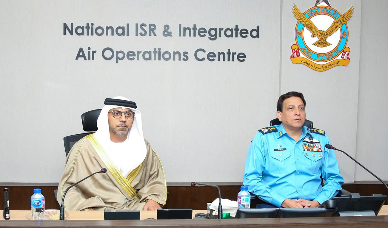 Ambassador of United Arab Emirates, H.E. Mr. Hamad Obaid Al-Zaabi (left) and Air Chief Marshal Zaheer Ahmed Baber Sidhu, Chief of the Air Staff, Pakistan Air Force at the Air Headquarters Islamabad, Pakistan on May 18, 2023. (Photo courtesy: Pakistan Air Force/Facebook)