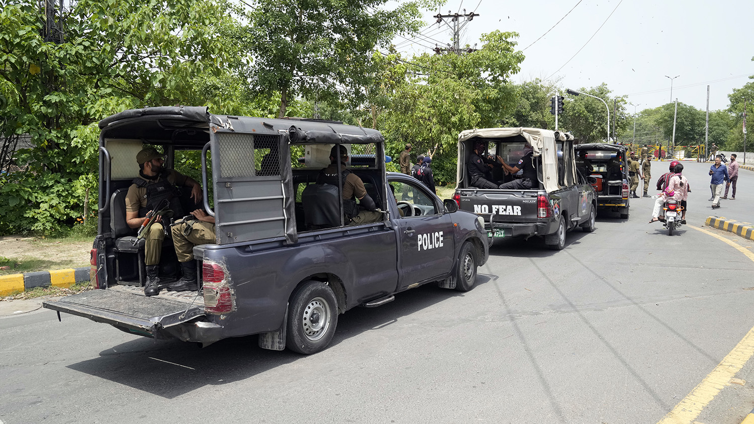 Police officers patrol around the residence of Pakistan's former Prime Minister Imran Khan, in Lahore, Pakistan, on May 18, 2023. (AP)