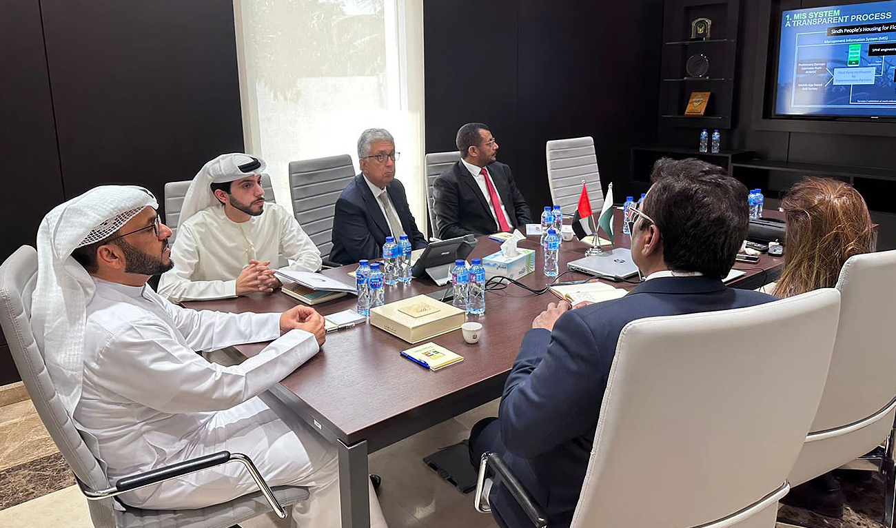 In this picture, posted on May 17, 2023, the Consul General of UAE Bakheet Ateeq Alremeithi discusses on project related to the construction of houses with officials from the Sindh government in Karachi. (Photo courtesy: Twitter/SphfOfficial)