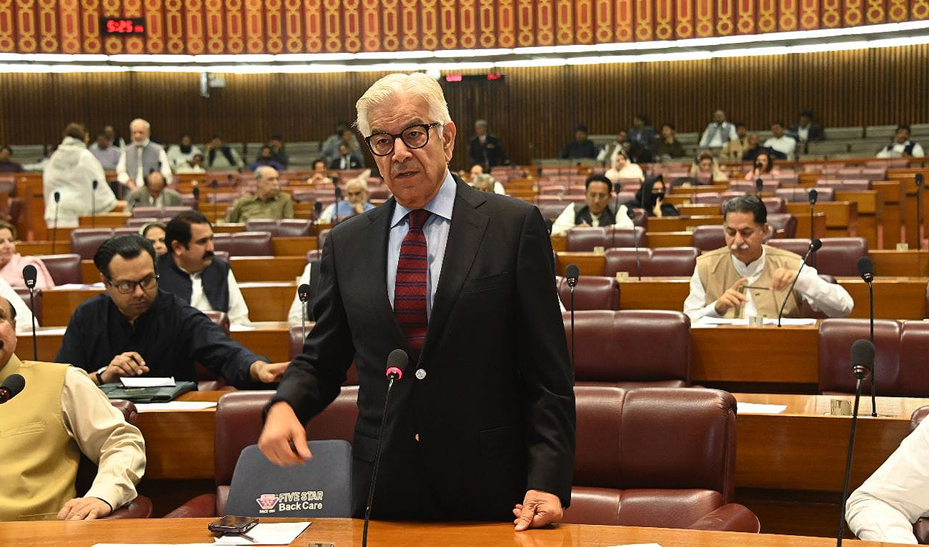 Pakistan Defense Minister Khawaja Asif addresses on the floor of the National Assembly of Pakistan in the federal capital Islamabad on May 3, 2023. (Photo courtesy: Twitter/NAofPakistan)