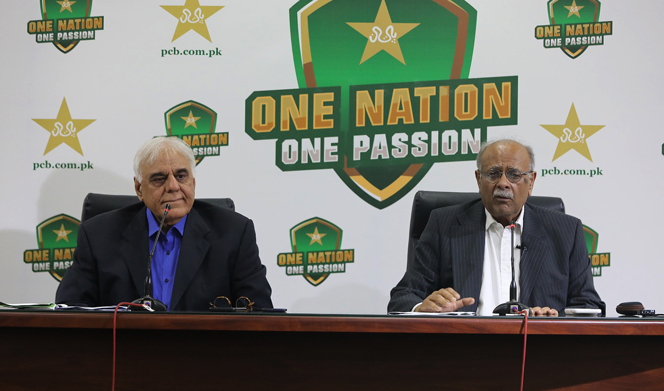 In this picture, taken on March 13, 2023, Pakistan Cricket Board (PCB) chairman Najam Sethi (right) and chief selector Haroon Rasheed address media representatives during a press conference in Lahore. (Photo courtesy: Twitter/TheRealPCB)