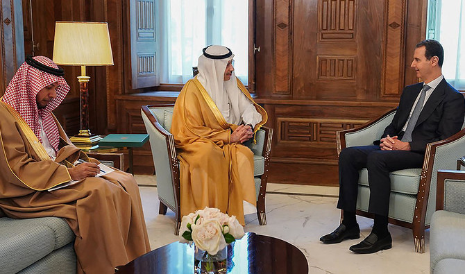 This handout picture released by the Syrian Presidency Telegram account on May 10, 2023 shows Syrian President Bashar al-Assad meeting with Saudi's ambassador to Jordan, Nayef bin Bandar Al-Sudairy, in Damascus. (Photo courtesy: Syrian Presidency via AFP)