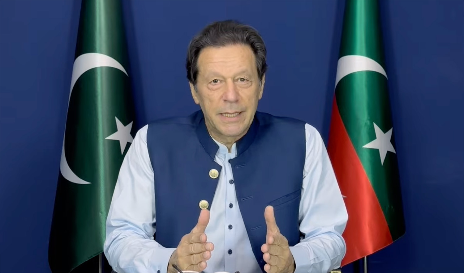 Former Pakistan Prime Minister Imran Khan during his speech through a video link on May 26, 2023. (Photo courtesy: Pakistan Tehreek-e-Insaf)