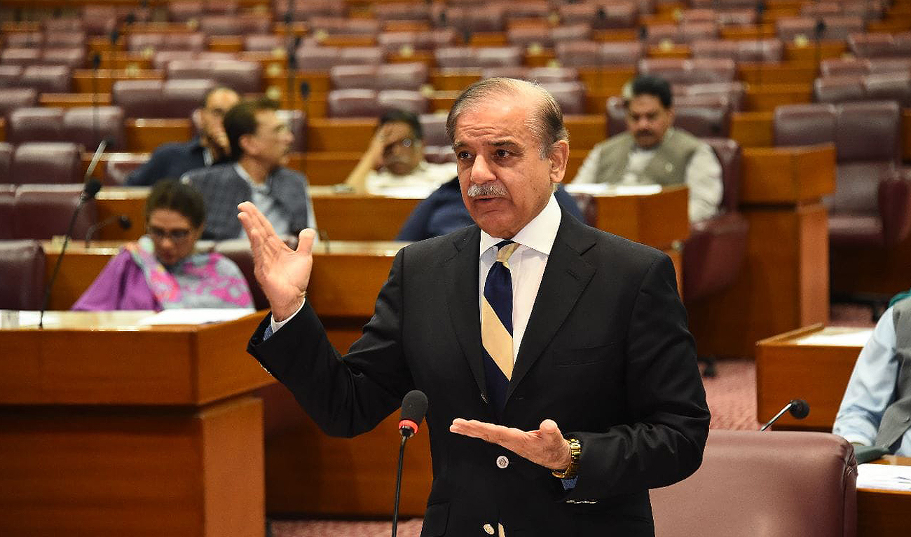 Pakistan Prime Minister Shehbaz Sharif speaks on the floor of the National Assembly in Islamabad on May 22, 2023. (Photo courtesy: Twitter/NAofPakistan)