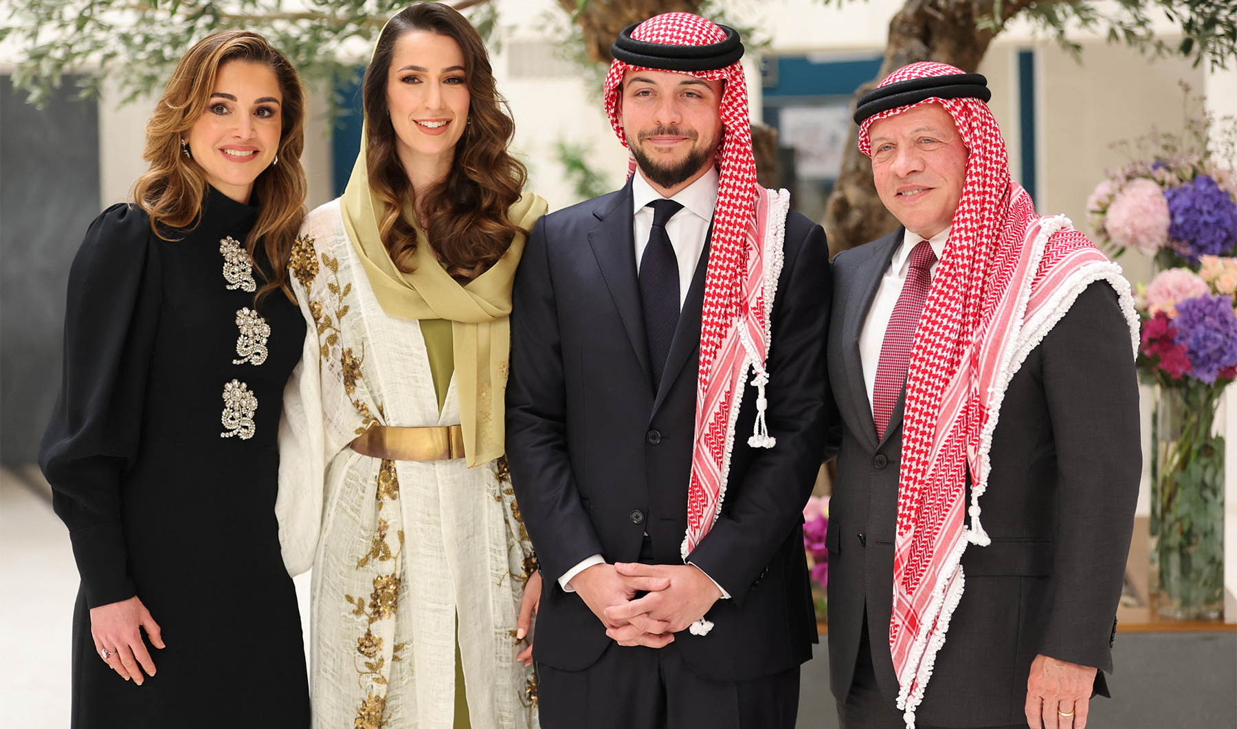 Jordan's King Abdullah II and Queen Rania stand with Crown Prince Hussein during his engagement to Rajwa Al Saif, the youngest daughter of Saudi businessman Khaled Al Saif, in Riyadh, Saudi Arabia, on August 17, 2022, (REUTERS via Royal Hashemite Court)