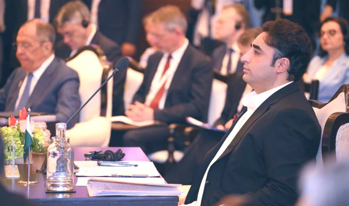 Pakistan’s foreign minister Bilawal Bhutto-Zardari’s seated during the Shanghai Cooperation Organization (SCO) meeting in Goa, India on May 5. 2023. (Photo courtesy: @BBhuttoZardari/Twitter)