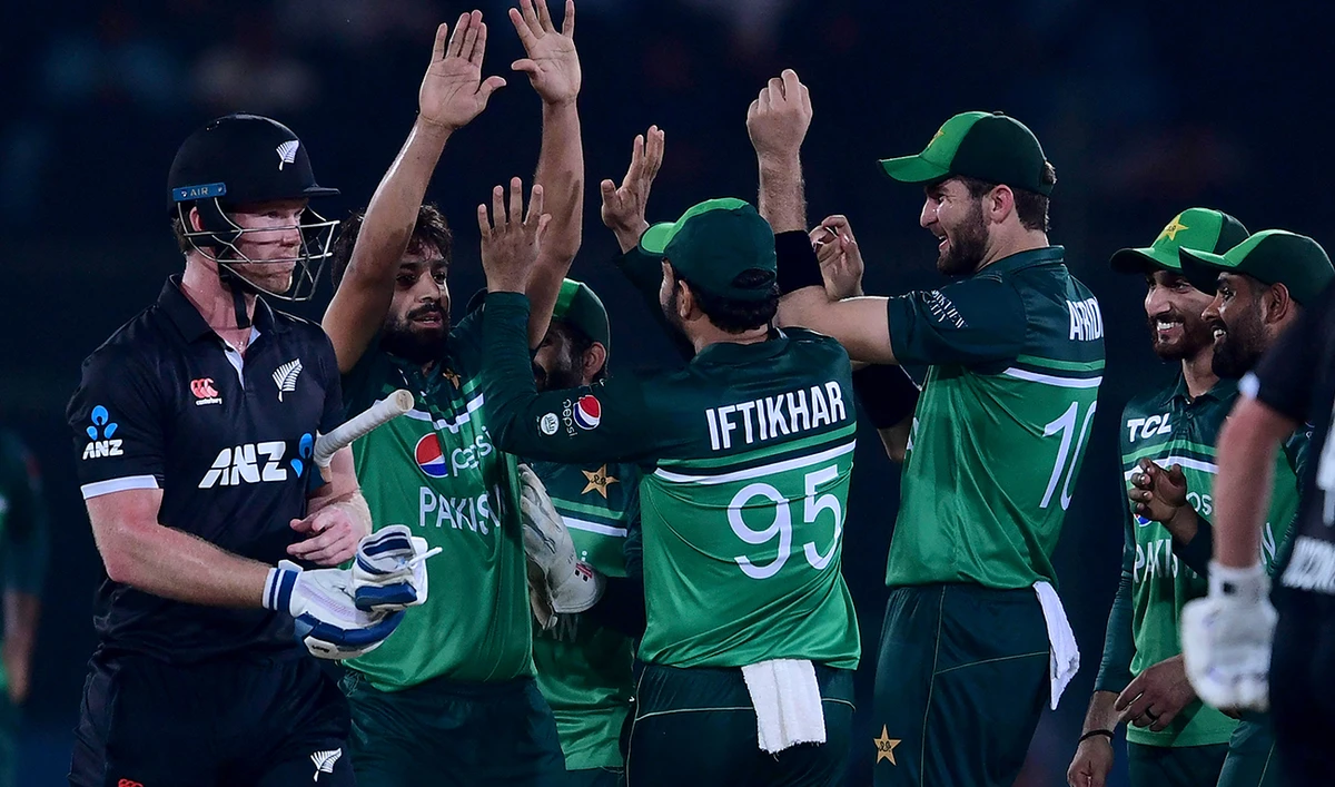 Pakistan's Haris Rauf (2ND-L) celebrates after taking the wicket of New Zealand's James Neesham (L) during the fourth one-day international (ODI) cricket match between Pakistan and New Zealand at the National Stadium in Karachi on May 5, 2023. (AFP/File)